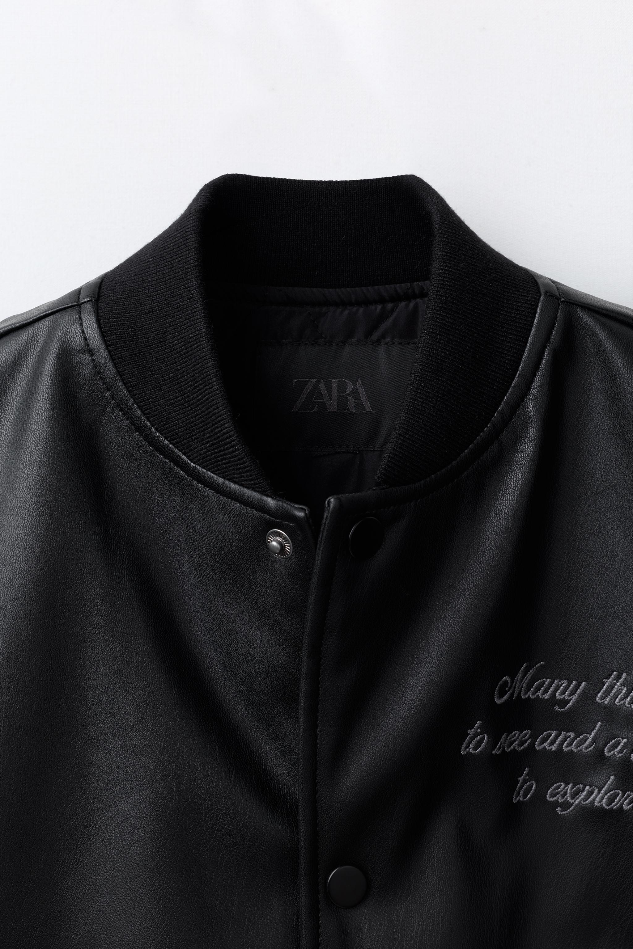 EMBROIDERED TEXT FAUX LEATHER BOMBER JACKET